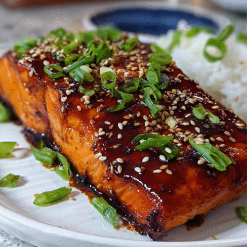 Easy Air Fryer Teriyaki Salmon on a plate with rice