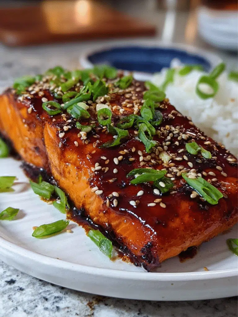 Easy Air Fryer Teriyaki Salmon on a plate with rice
