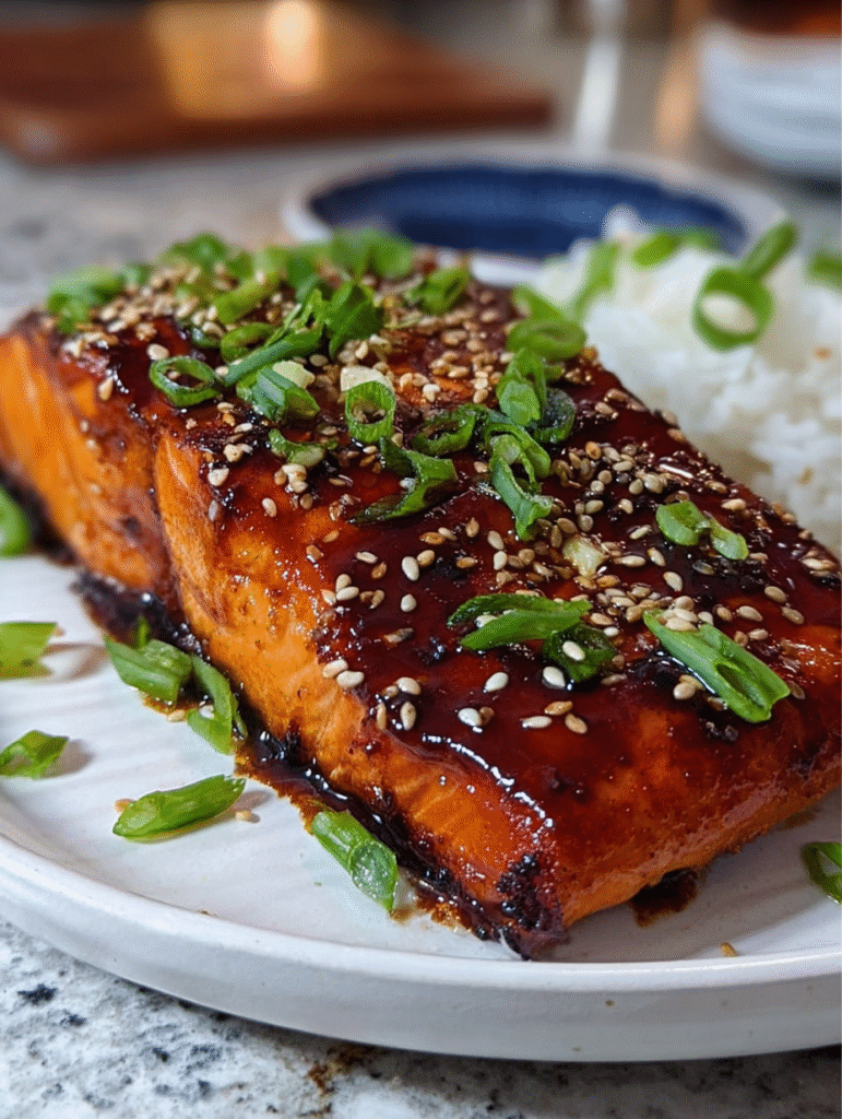 Easy Air Fryer Teriyaki Salmon on a plate with rice