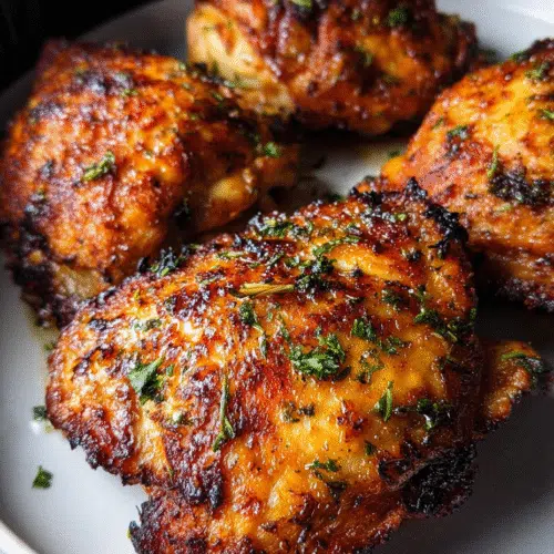 Juicy air fryer chicken thighs with crispy skin on plate
