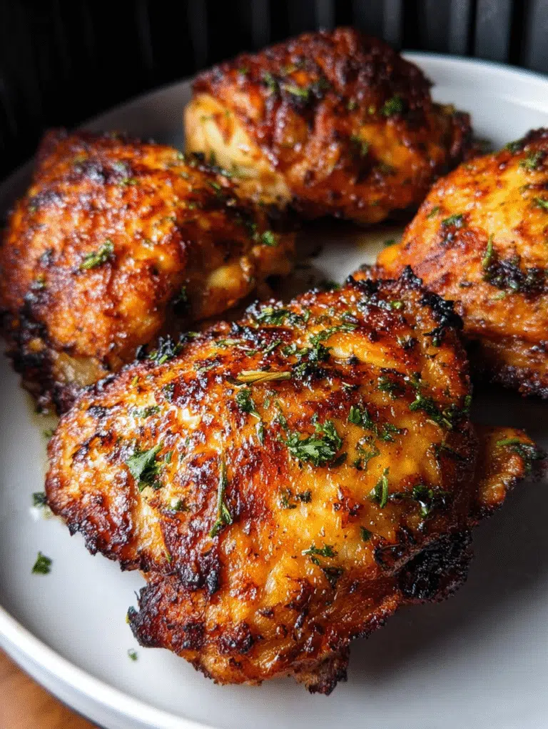 Juicy air fryer chicken thighs with crispy skin on plate