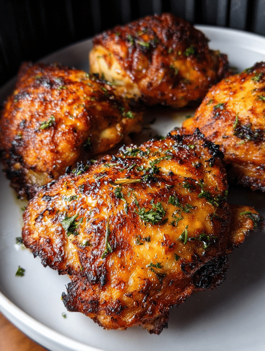 Juicy air fryer chicken thighs with crispy skin on plate