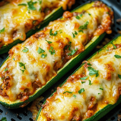 Keto stuffed zucchini boats in air fryer with melted cheese