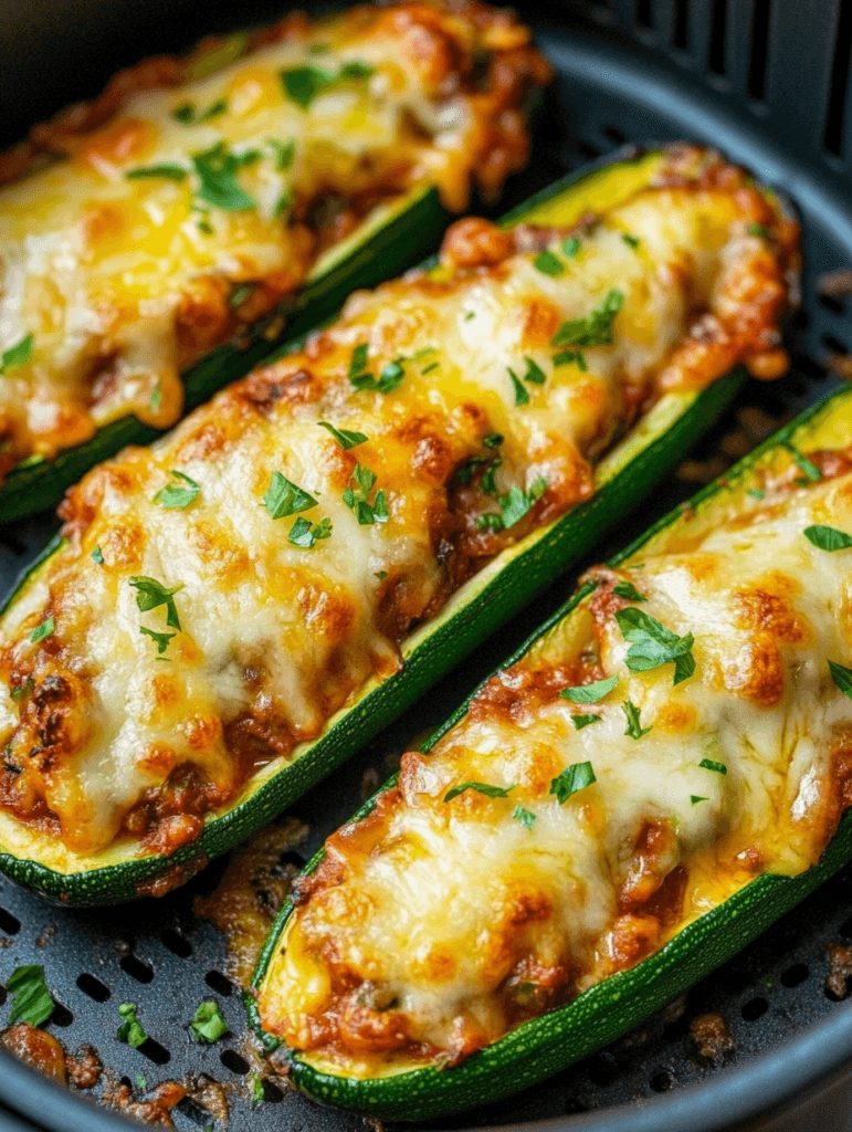 Keto stuffed zucchini boats in air fryer with melted cheese