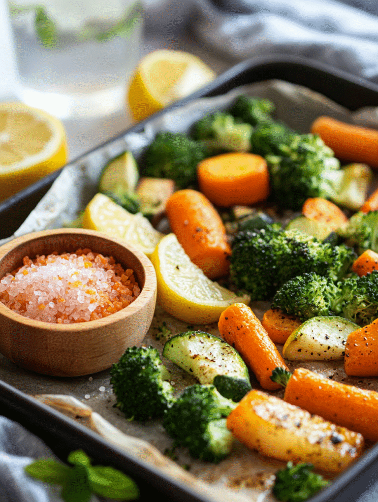 Himalayan pink salt in a small bowl next to roasted air fryer vegetables and lemon
