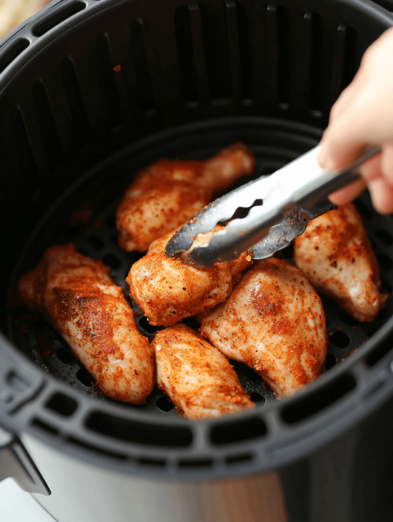 Placing seasoned chicken in air fryer for hot honey recipe