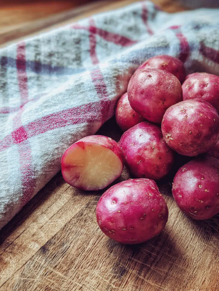 Halved red potatoes prepped for air frying