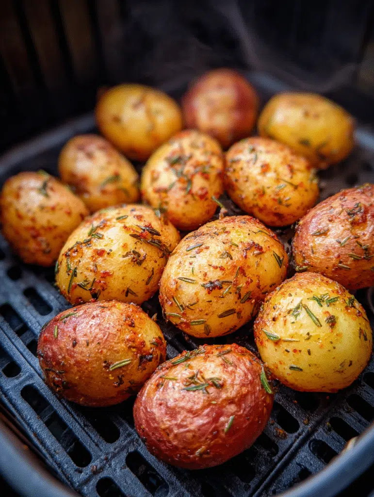 Crispy red potatoes cooking in air fryer basket