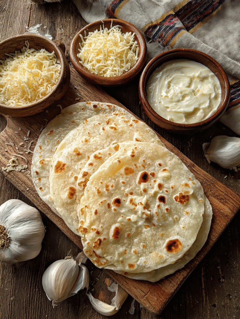 Spreading garlic butter on tortillas for air fryer cheesy garlic bread