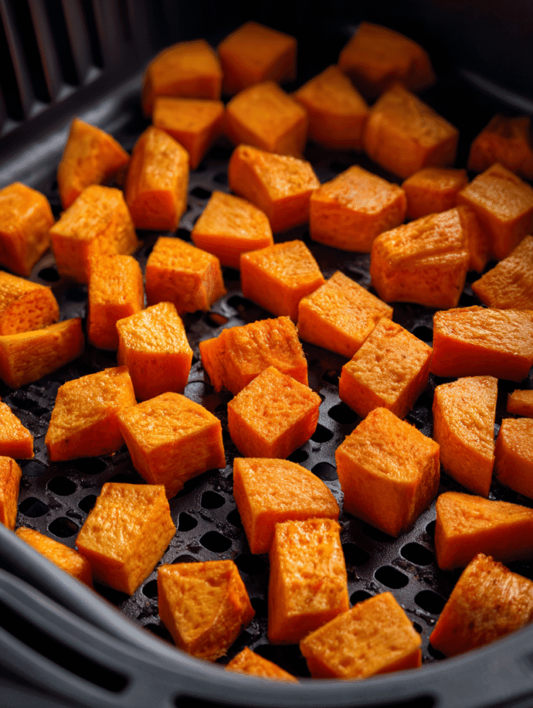 Sweet potato cubes cooking in air fryer basket