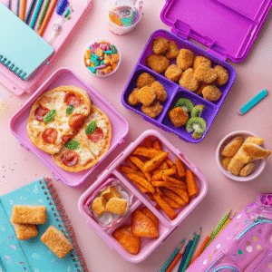 Colorful lunchboxes filled with air-fried chicken nuggets, mini pizzas, and sweet potato fries on a pastel background with school supplies — perfect for school lunch inspiration.