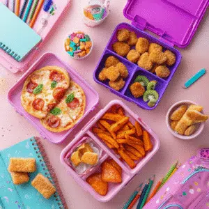 Colorful lunchboxes filled with air-fried chicken nuggets, mini pizzas, and sweet potato fries on a pastel background with school supplies — perfect for school lunch inspiration.