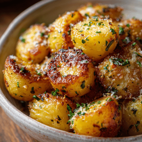 air fryer baked garlic parmesan potatoes served crispy with herbs and cheese