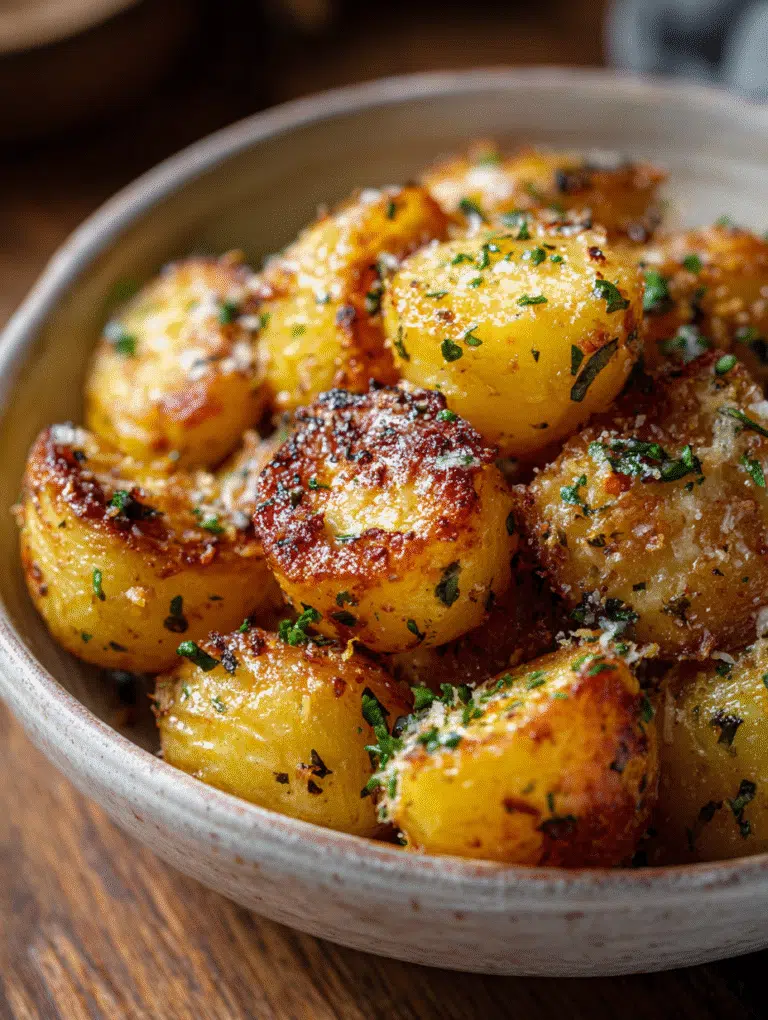air fryer baked garlic parmesan potatoes served crispy with herbs and cheese