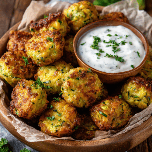 Air fryer crispy zucchini tots with ranch dip close-up