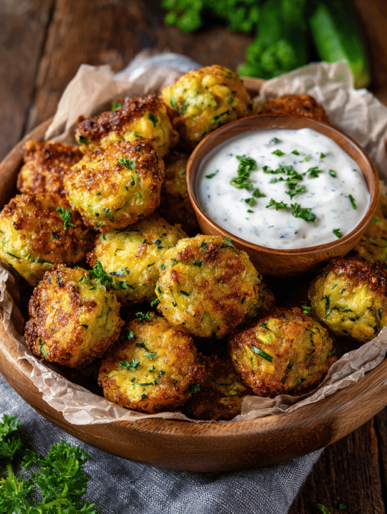 Air fryer crispy zucchini tots with ranch dip close-up