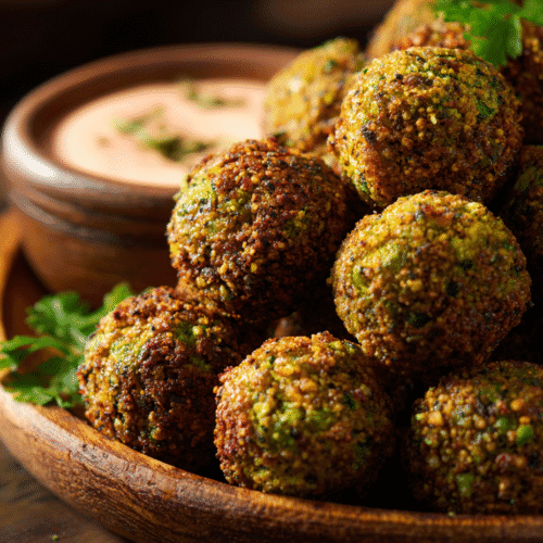 air fryer herb-crusted green peas balls served with dip