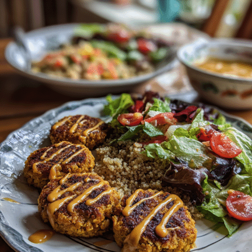 air fryer honey mustard chickpea cakes on plate with sauce