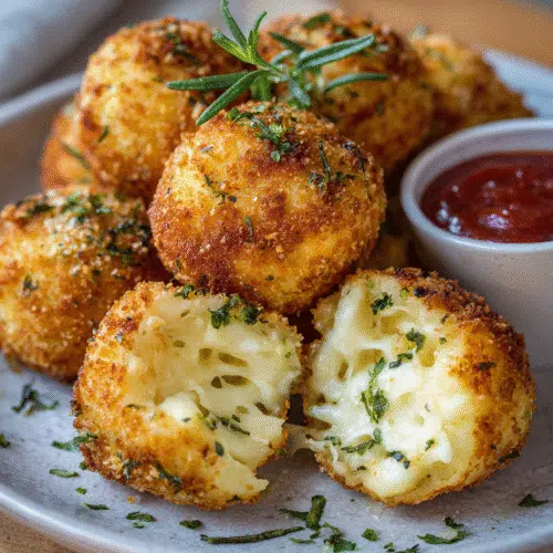 Crispy Air Fryer Mozzarella Stuffed Arancini with melted cheese