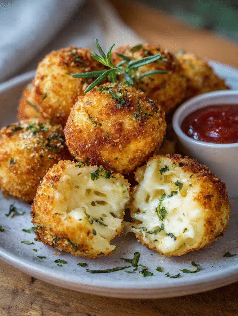 Crispy Air Fryer Mozzarella Stuffed Arancini with melted cheese