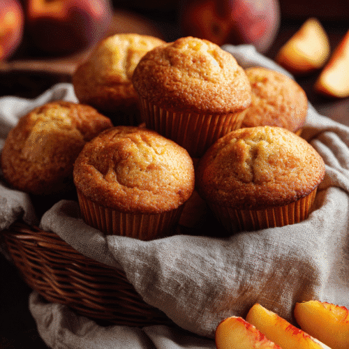 Air Fryer Peach Muffins freshly baked in a rustic kitchen