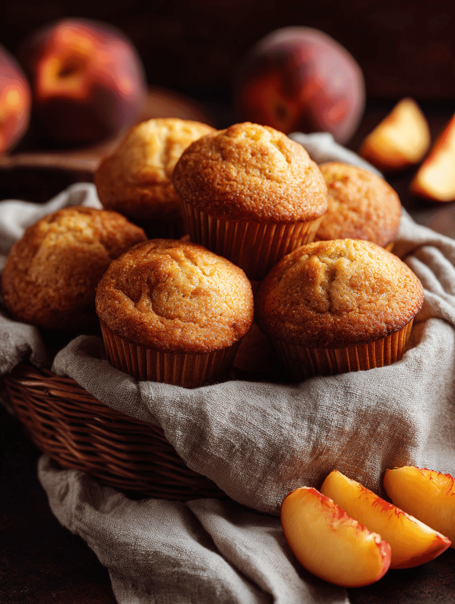 Air Fryer Peach Muffins freshly baked in a rustic kitchen