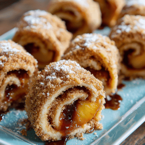 Air Fryer Peach Roll-Ups fresh out of air fryer
