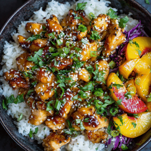 Air Fryer Peach Teriyaki Chicken Bowl served with rice and fresh garnish