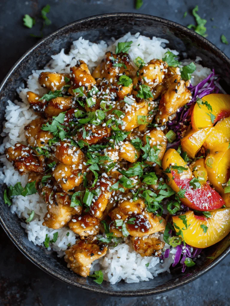 Air Fryer Peach Teriyaki Chicken Bowl served with rice and fresh garnish