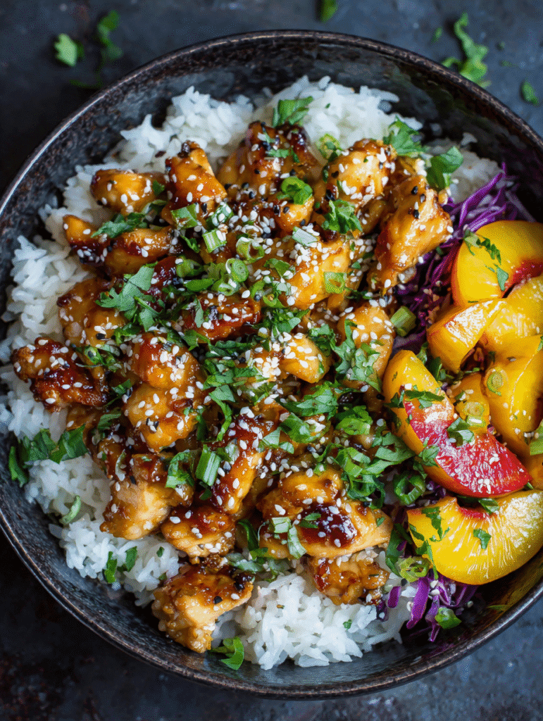 Air Fryer Peach Teriyaki Chicken Bowl served with rice and fresh garnish