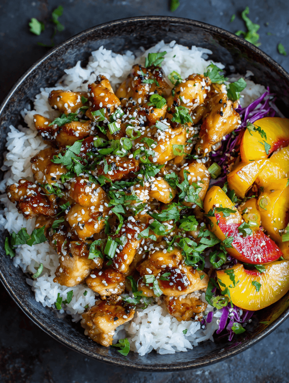 Air Fryer Peach Teriyaki Chicken Bowl served with rice and fresh garnish