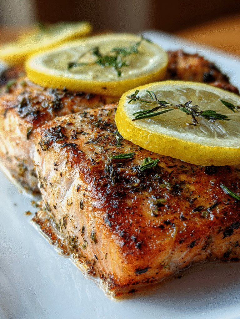 Air fryer salmon fillet with crispy skin and lemon