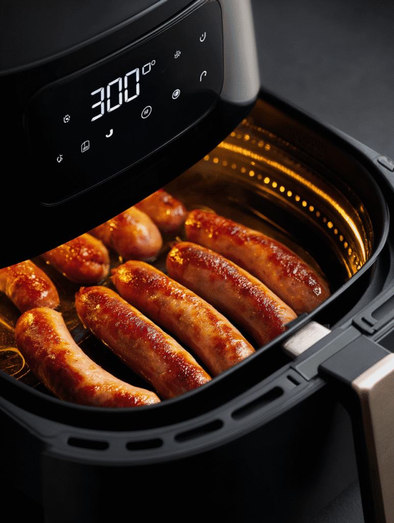 Sausages cooking at 370°F in an air fryer
