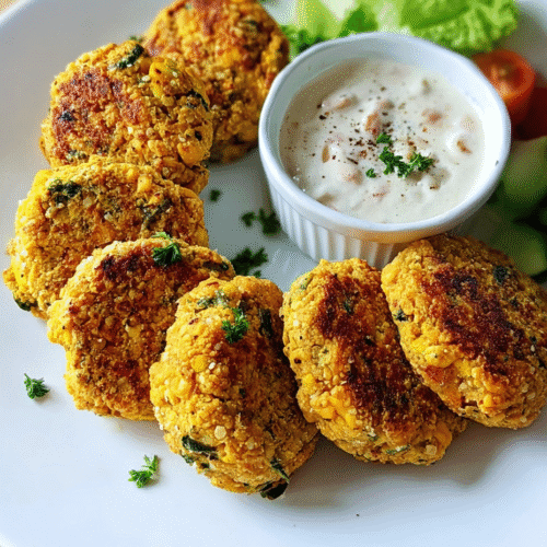 Air Fryer Buffalo Chickpea Fritters with Vegan Ranch on plate