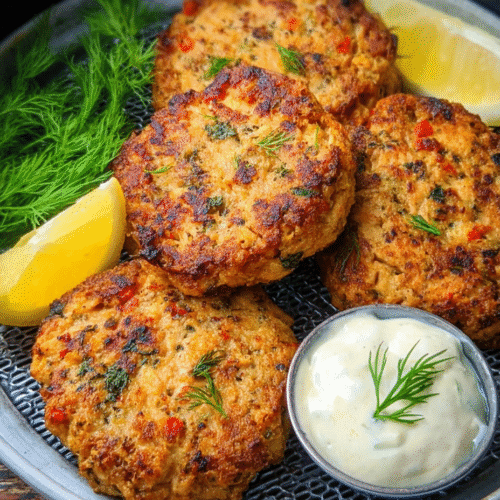 Crispy easy salmon patties in air fryer with lemon and herbs