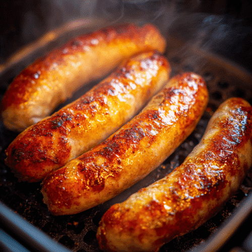frozen sausages in air fryer close-up