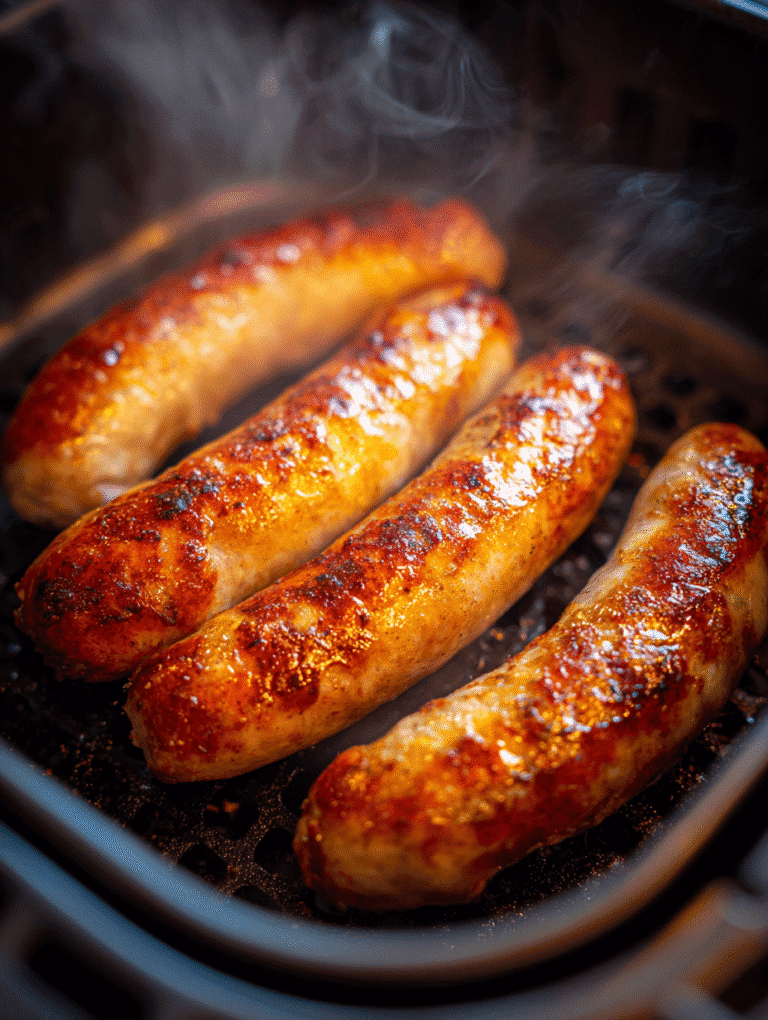 frozen sausages in air fryer close-up