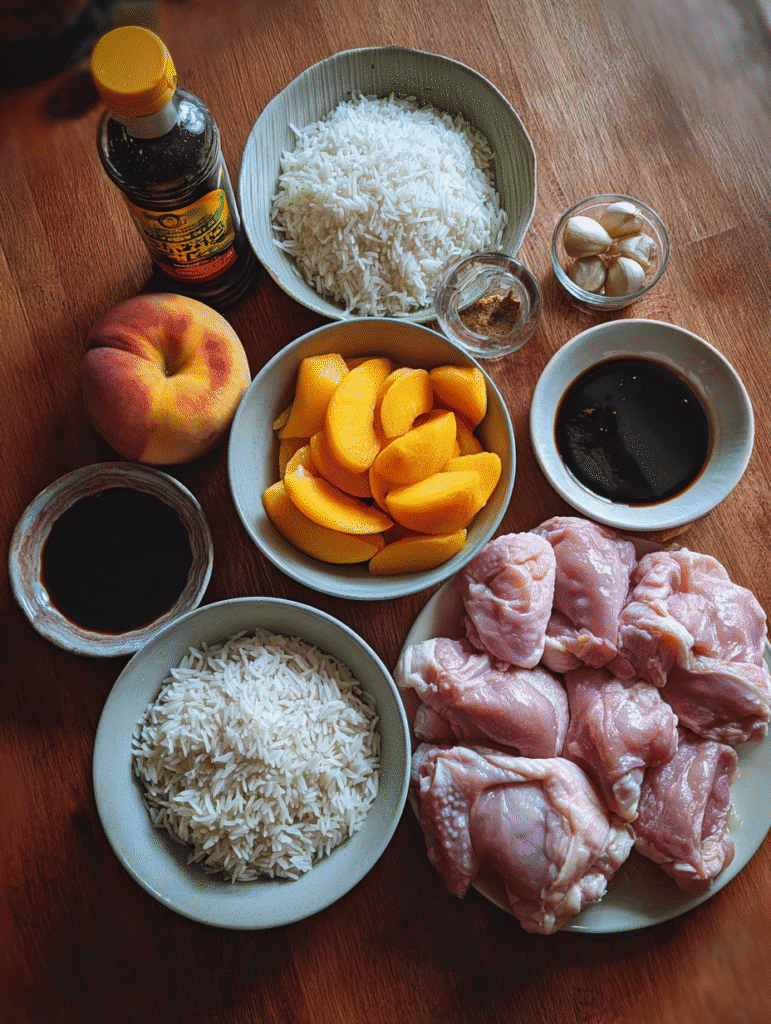 Ingredients for peach teriyaki chicken bowl in air fryer