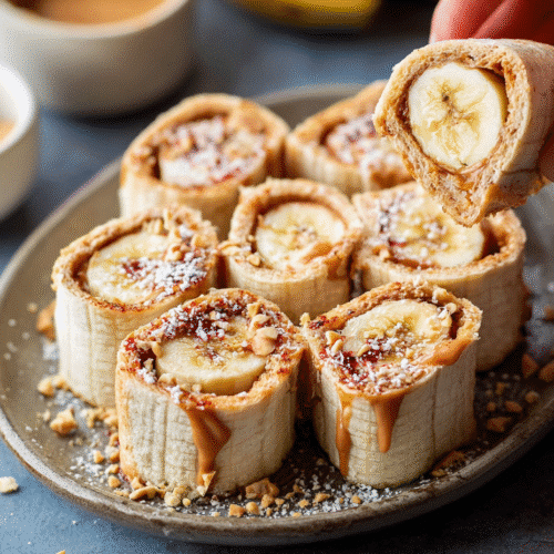 Close-up of peanut butter banana toast roll breakfast