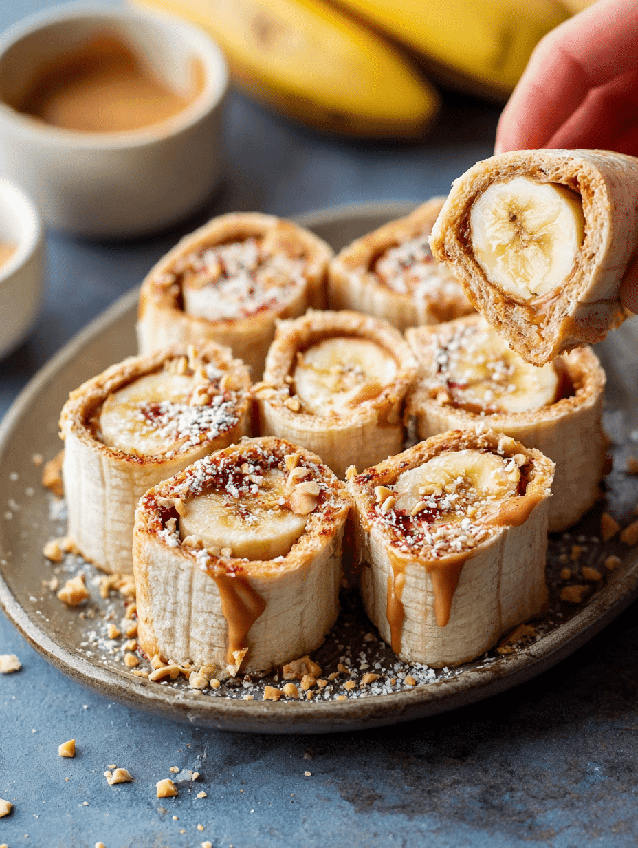 Close-up of peanut butter banana toast roll breakfast
