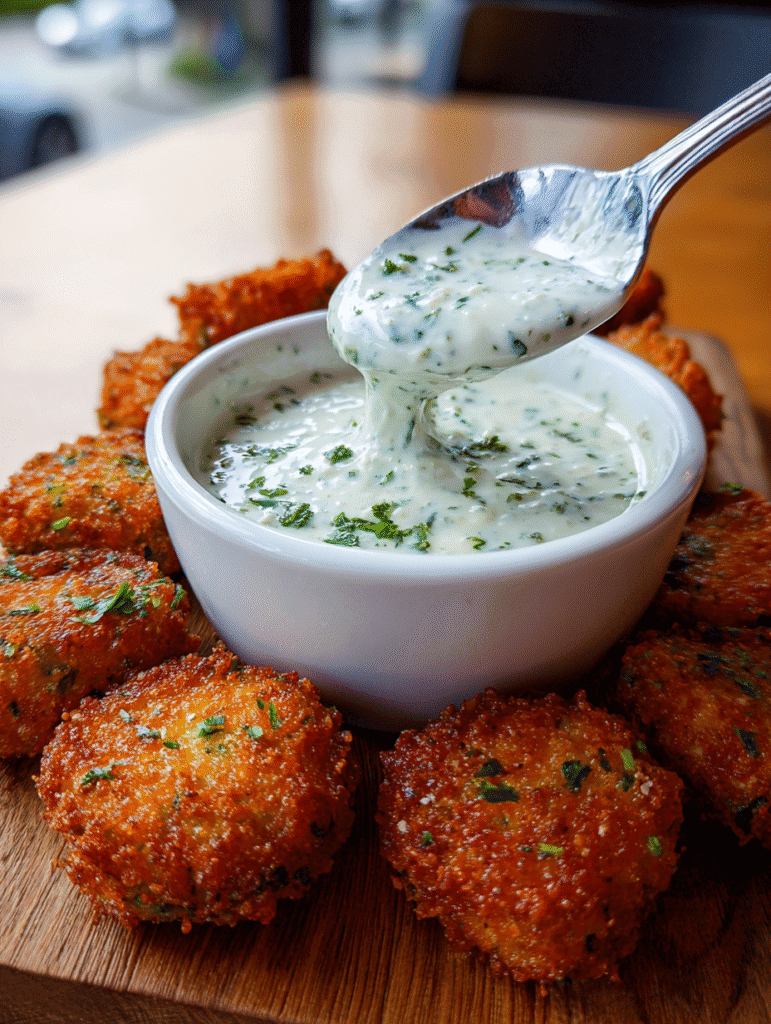 Ranch dip served with zucchini tots