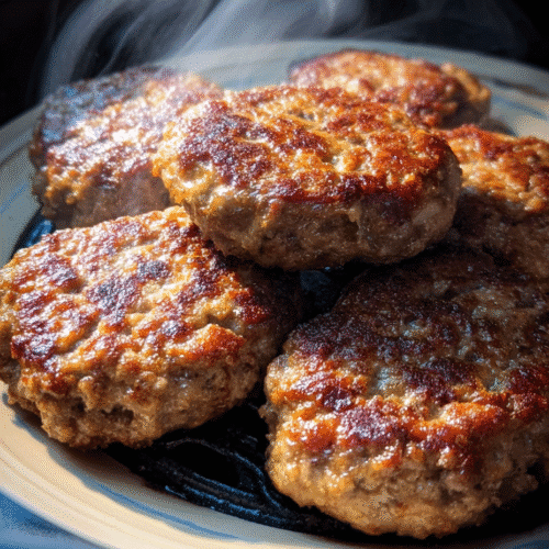 Crispy sausage patties in air fryer close-up