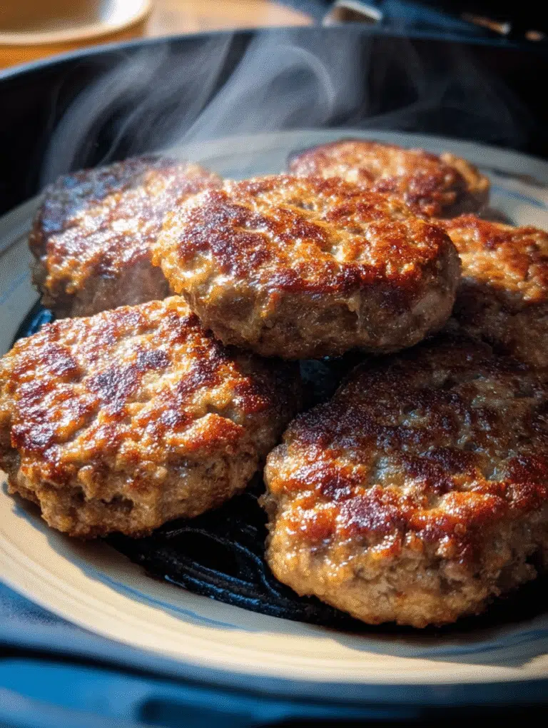 Crispy sausage patties in air fryer close-up