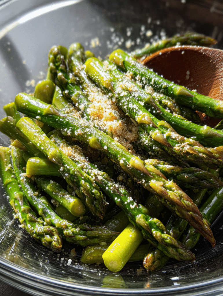 Seasoning Garlic-Parmesan Air Fryer Asparagus with garlic and oil