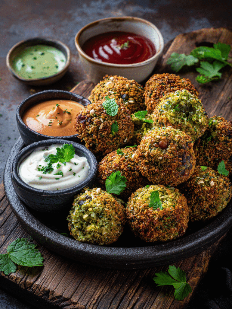 serving herb-crusted green peas balls with dips