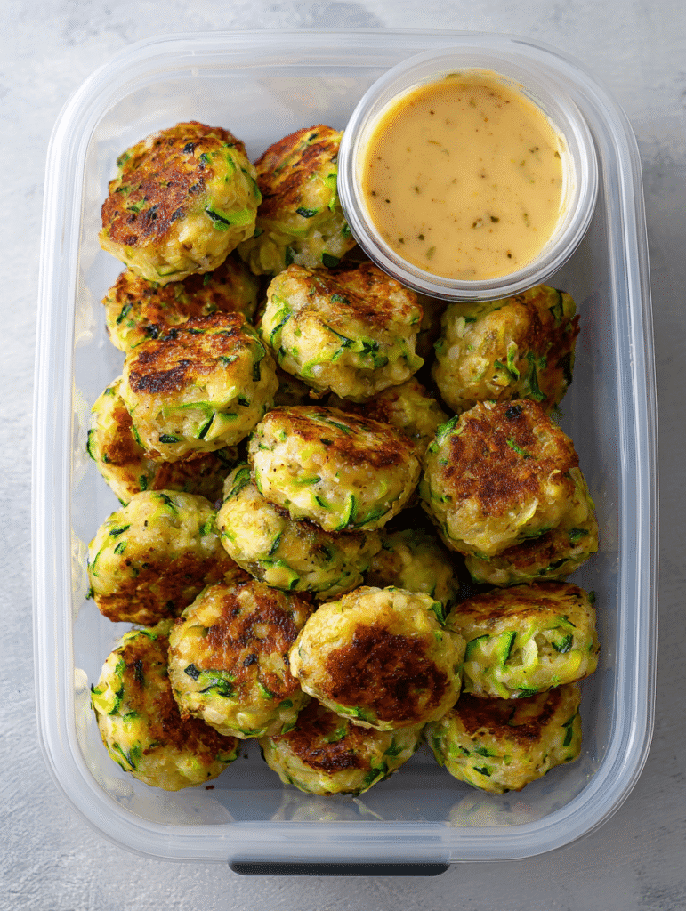 Meal prep container with zucchini tots and ranch