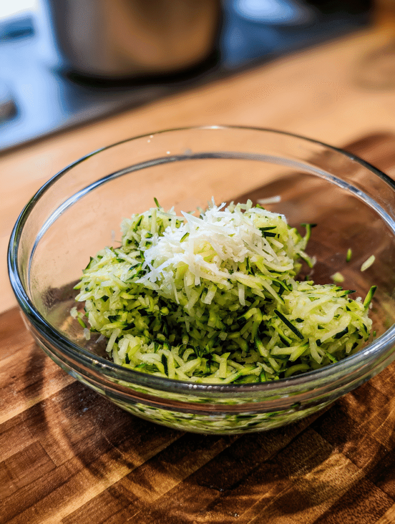 Mixing zucchini tot ingredients in a bowl