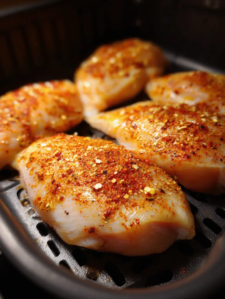 Juicy Air Fryer Chicken Breasts cooking in basket