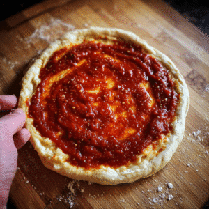 Spread the pizza sauce evenly, leaving a small border around the edges.
