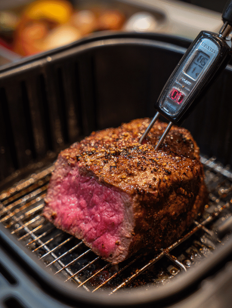 Steak inside the air fryer halfway through cook with visible thermometer.